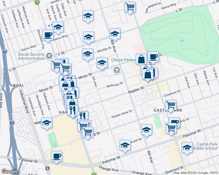 map of restaurants, bars, coffee shops, grocery stores, and more near 467 Nickman Street in Chula Vista