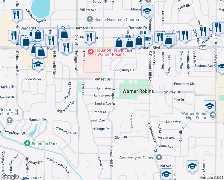 map of restaurants, bars, coffee shops, grocery stores, and more near 101 Lynn Avenue in Warner Robins