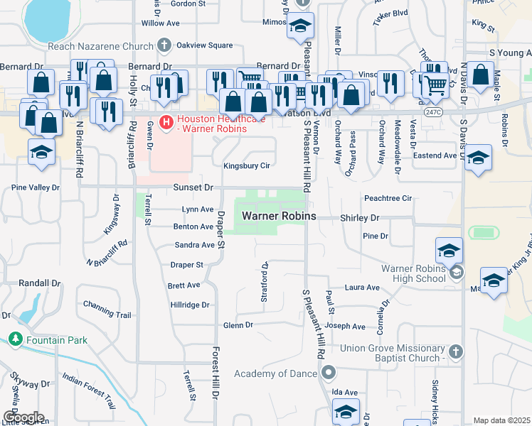 map of restaurants, bars, coffee shops, grocery stores, and more near 205 South Pleasant Hill Road in Warner Robins