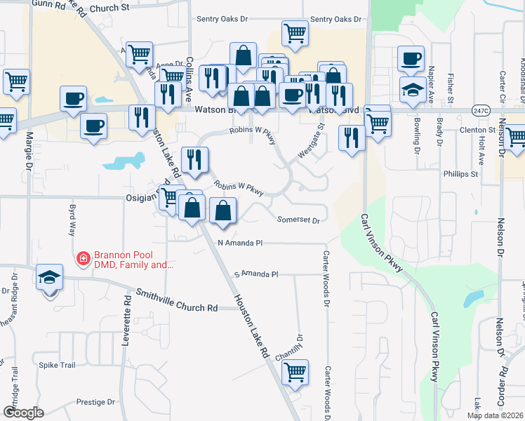 map of restaurants, bars, coffee shops, grocery stores, and more near 132 Somerset Drive in Warner Robins