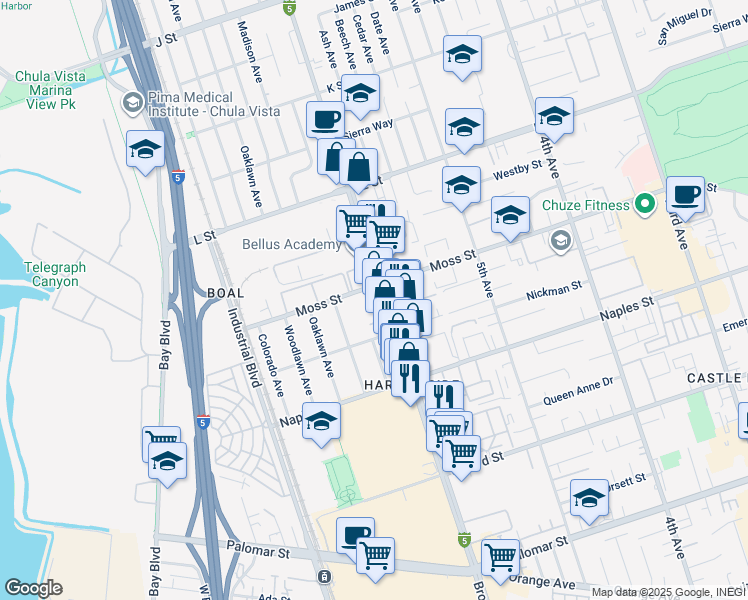 map of restaurants, bars, coffee shops, grocery stores, and more near 1010 Broadway in Chula Vista