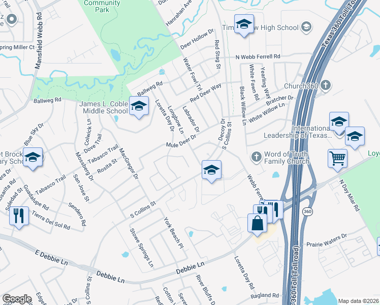 map of restaurants, bars, coffee shops, grocery stores, and more near 7808 Longbow Lane in Arlington