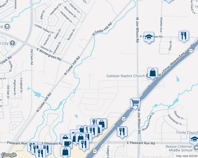map of restaurants, bars, coffee shops, grocery stores, and more near 800 Clover Hill Lane in Cedar Hill