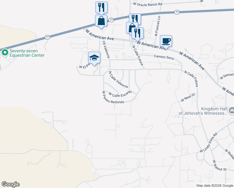 map of restaurants, bars, coffee shops, grocery stores, and more near 2200 West Calle Encanto in Oracle
