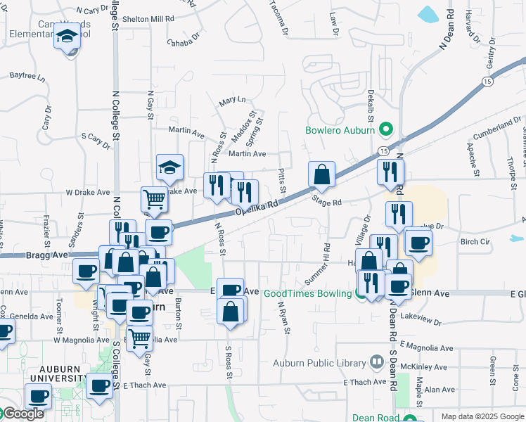 map of restaurants, bars, coffee shops, grocery stores, and more near 460 Opelika Road in Auburn