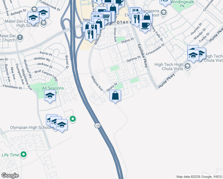 map of restaurants, bars, coffee shops, grocery stores, and more near 1922 Strata Street in Chula Vista