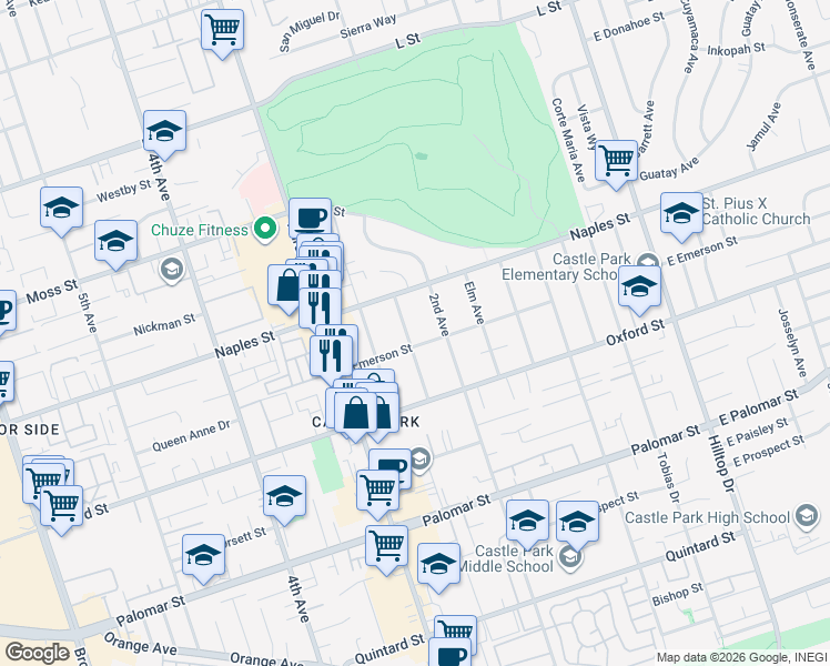 map of restaurants, bars, coffee shops, grocery stores, and more near 1143 Twin Oaks Avenue in Chula Vista