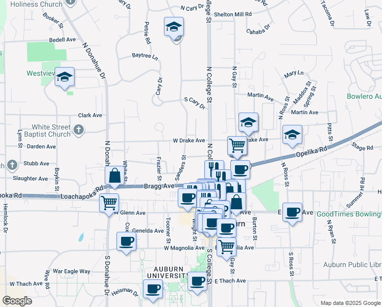 map of restaurants, bars, coffee shops, grocery stores, and more near 124 Cecil Lane in Auburn