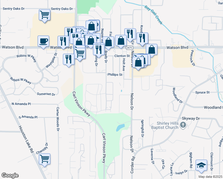 map of restaurants, bars, coffee shops, grocery stores, and more near 208 Woodland Trail in Warner Robins