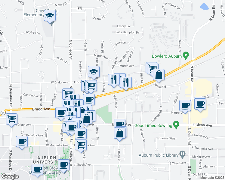 map of restaurants, bars, coffee shops, grocery stores, and more near 400 North Ross Street in Auburn