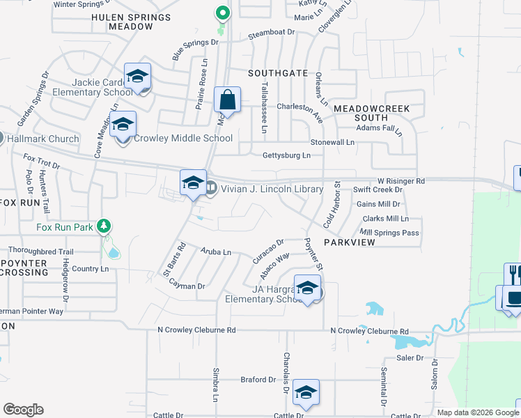 map of restaurants, bars, coffee shops, grocery stores, and more near 3212 Quiet Valley Road in Fort Worth