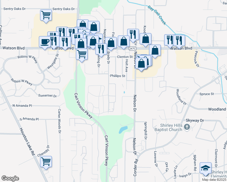 map of restaurants, bars, coffee shops, grocery stores, and more near 208 Woodland Trail in Warner Robins