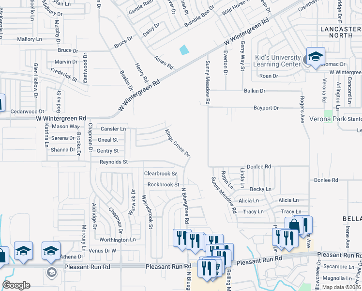 map of restaurants, bars, coffee shops, grocery stores, and more near 1816 Kings Cross Drive in Lancaster