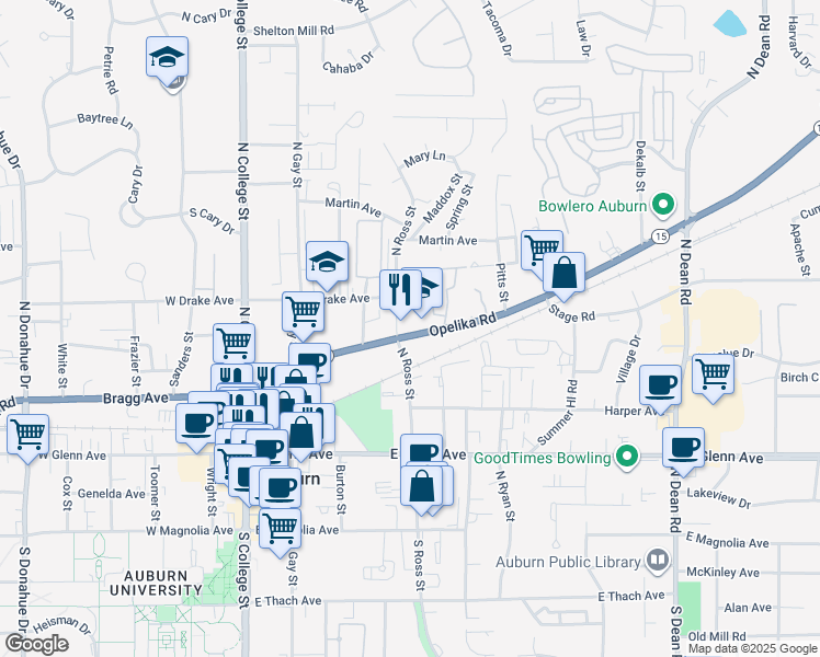 map of restaurants, bars, coffee shops, grocery stores, and more near 327 Opelika Road in Auburn