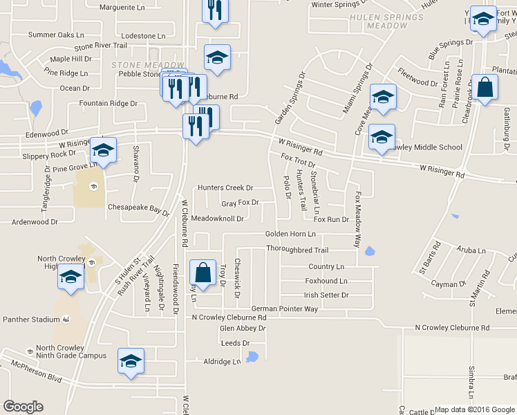 map of restaurants, bars, coffee shops, grocery stores, and more near 8754 Gray Fox Court in Fort Worth