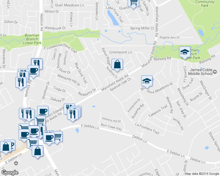 map of restaurants, bars, coffee shops, grocery stores, and more near 601 Spanish Oak Court in Arlington