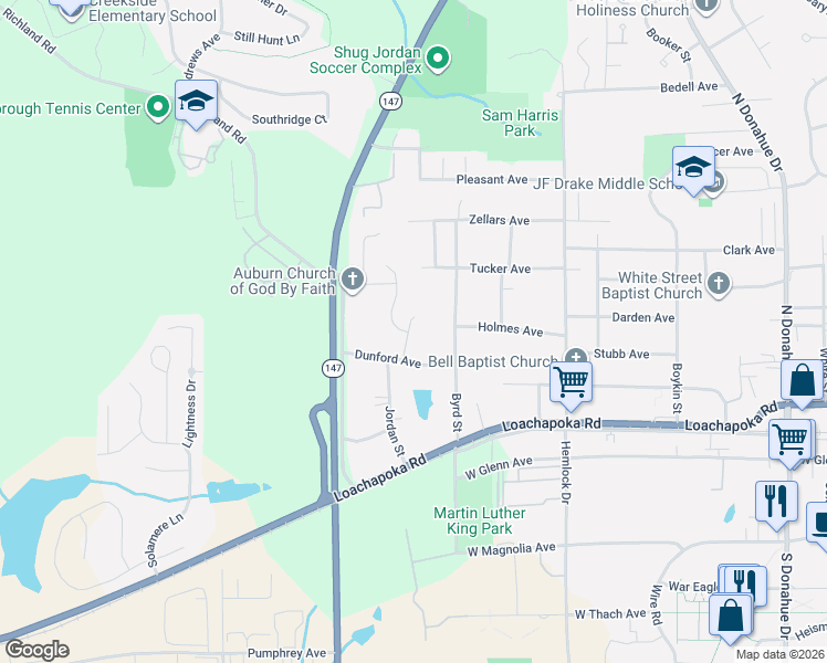 map of restaurants, bars, coffee shops, grocery stores, and more near 1118 Dunford Avenue in Auburn