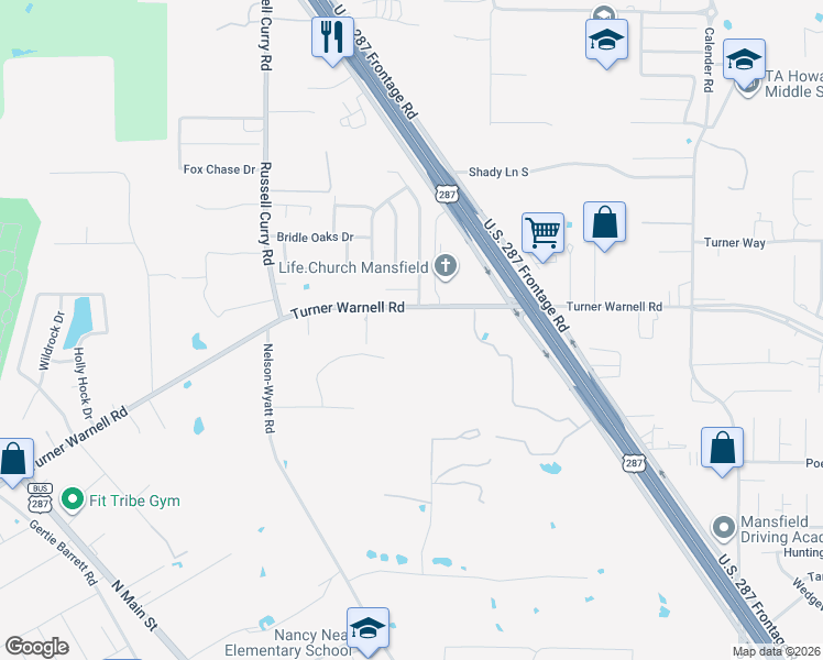 map of restaurants, bars, coffee shops, grocery stores, and more near 594 Turner Warnell Road in Arlington