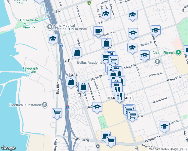 map of restaurants, bars, coffee shops, grocery stores, and more near 1011 Oaklawn Avenue in Chula Vista