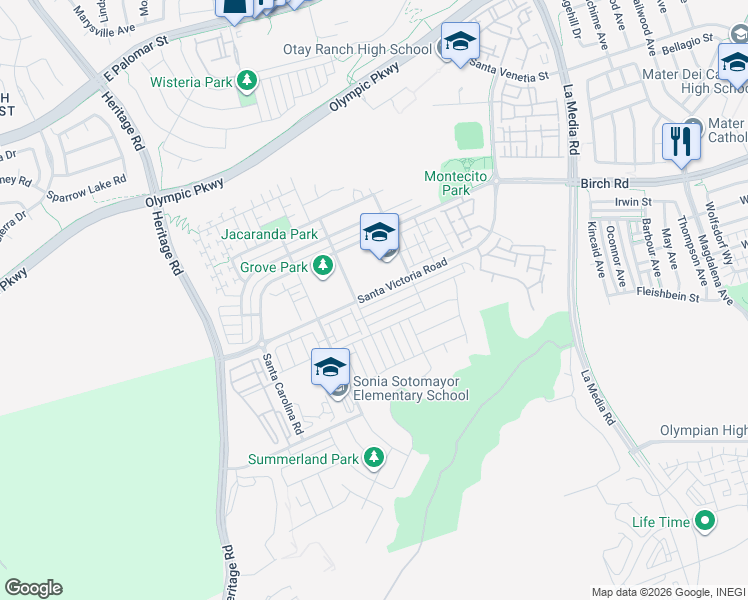 map of restaurants, bars, coffee shops, grocery stores, and more near 1370 Santa Victoria Road in Chula Vista
