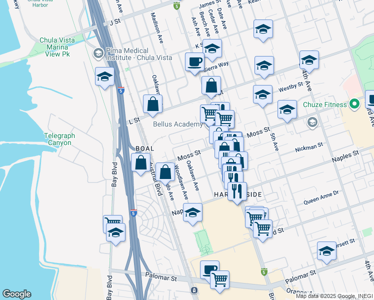 map of restaurants, bars, coffee shops, grocery stores, and more near 652 Moss Street in Chula Vista