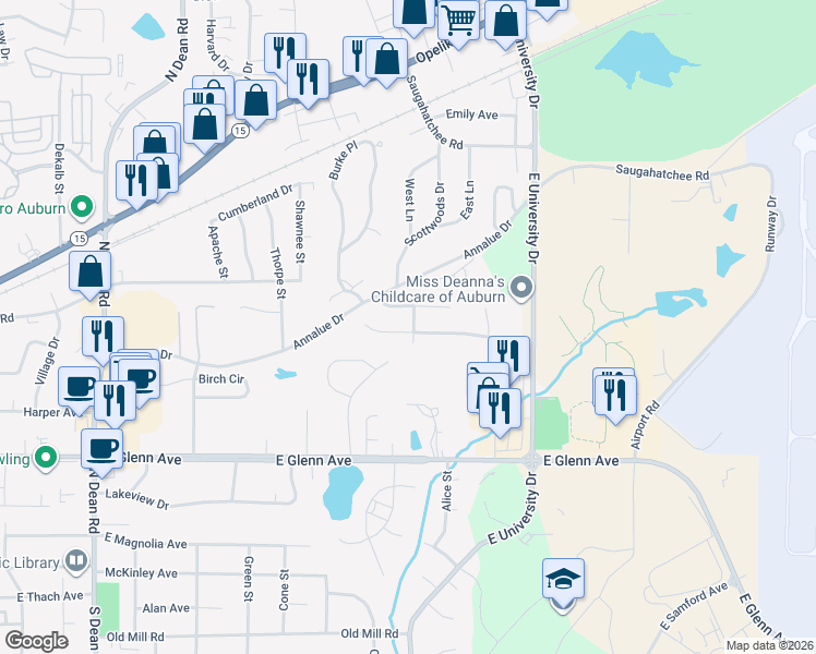 map of restaurants, bars, coffee shops, grocery stores, and more near 1356 Kent Drive in Auburn