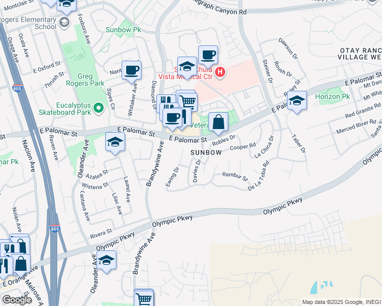 map of restaurants, bars, coffee shops, grocery stores, and more near 1423 Ewing Drive in Chula Vista