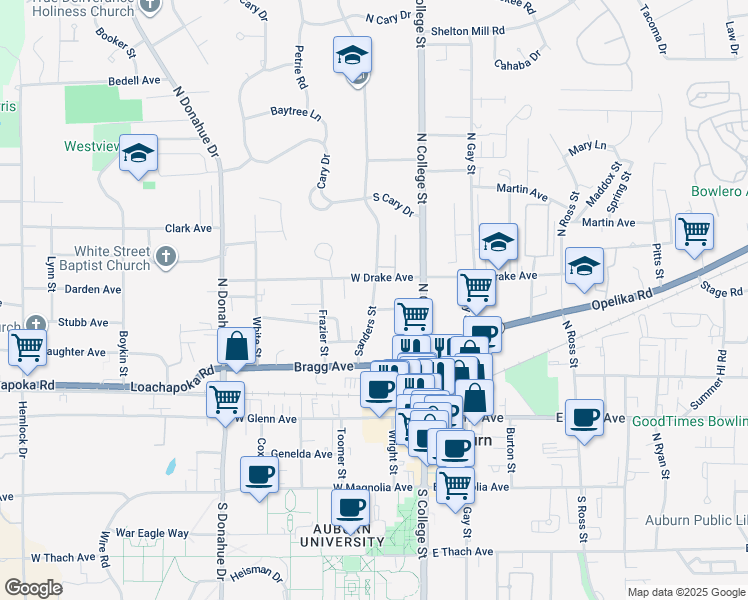 map of restaurants, bars, coffee shops, grocery stores, and more near 122 Cecil Lane in Auburn