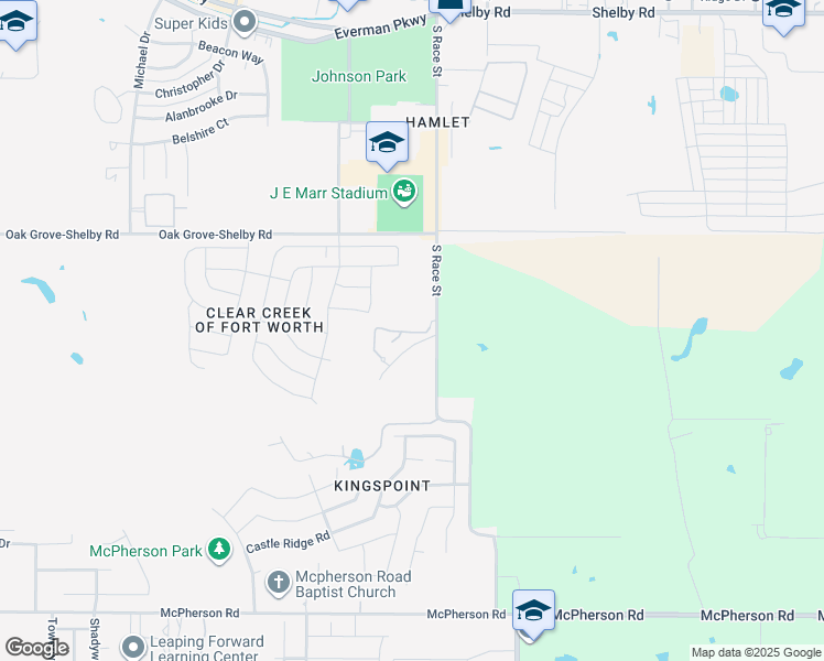 map of restaurants, bars, coffee shops, grocery stores, and more near 9700 South Race Street in Fort Worth