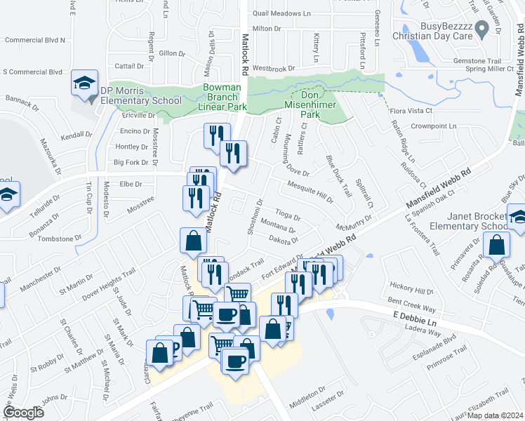 map of restaurants, bars, coffee shops, grocery stores, and more near 302 Tioga Drive in Arlington