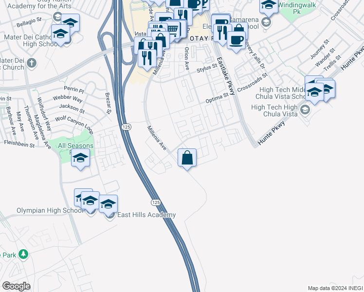 map of restaurants, bars, coffee shops, grocery stores, and more near 7 Hyde Terrace in Chula Vista