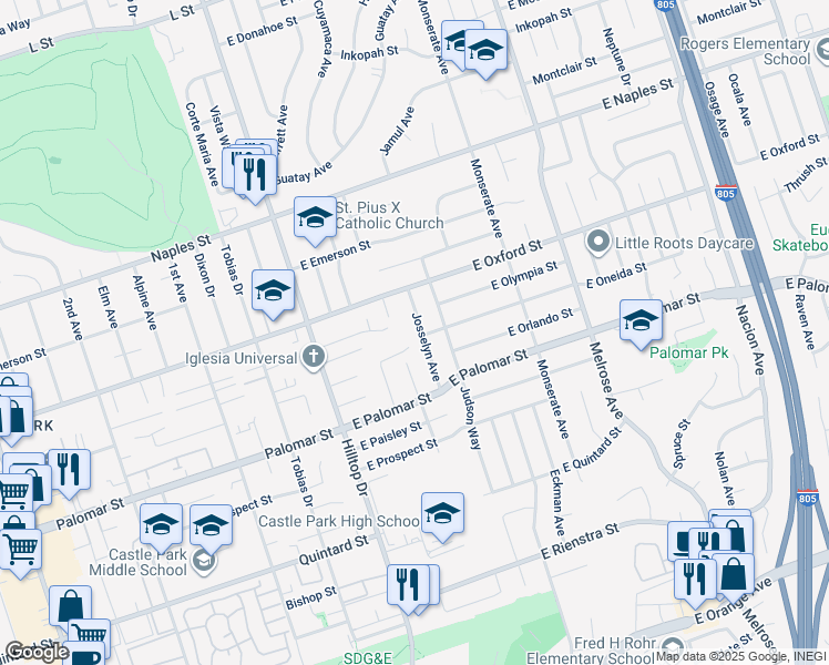 map of restaurants, bars, coffee shops, grocery stores, and more near 1242 Josselyn Avenue in Chula Vista