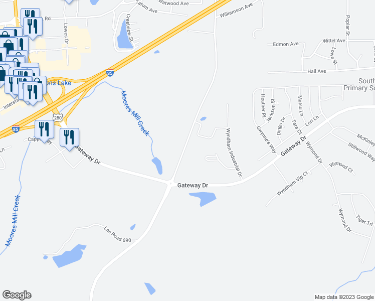 map of restaurants, bars, coffee shops, grocery stores, and more near 3055 Society Hill Road in Opelika
