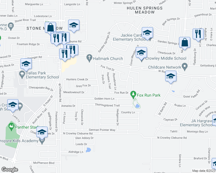map of restaurants, bars, coffee shops, grocery stores, and more near 8760 Hunters Trail in Fort Worth