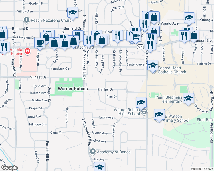 map of restaurants, bars, coffee shops, grocery stores, and more near 222 Shirley Drive in Warner Robins