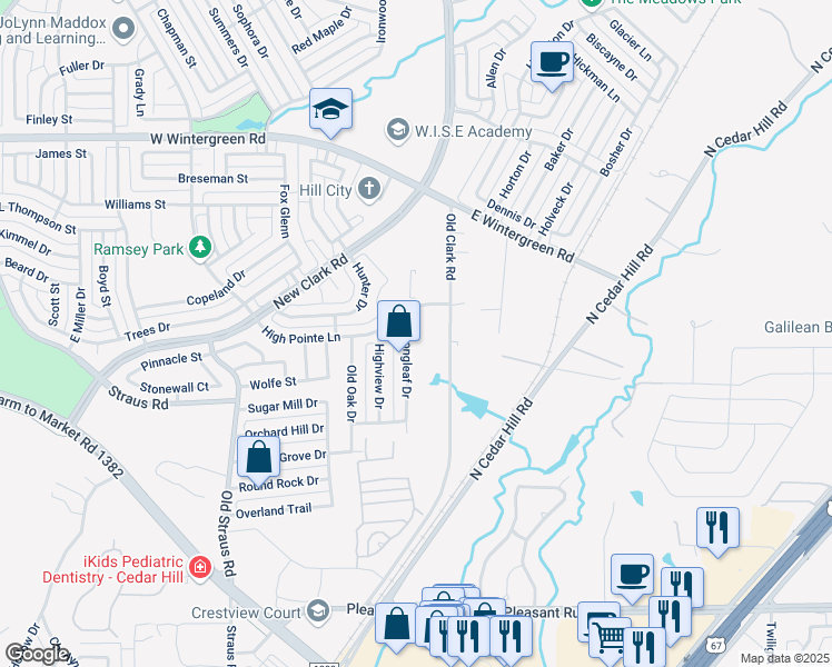 map of restaurants, bars, coffee shops, grocery stores, and more near 1223 Old Clark Road in Cedar Hill