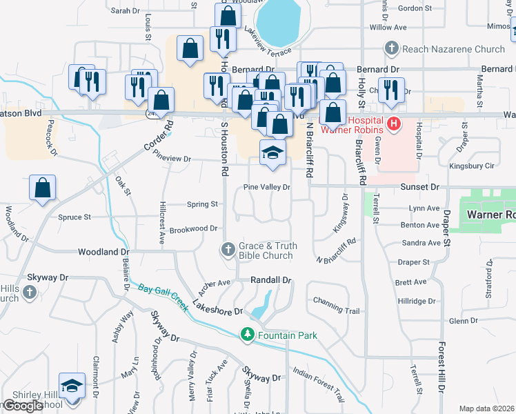 map of restaurants, bars, coffee shops, grocery stores, and more near 401 Pine Valley Drive in Warner Robins