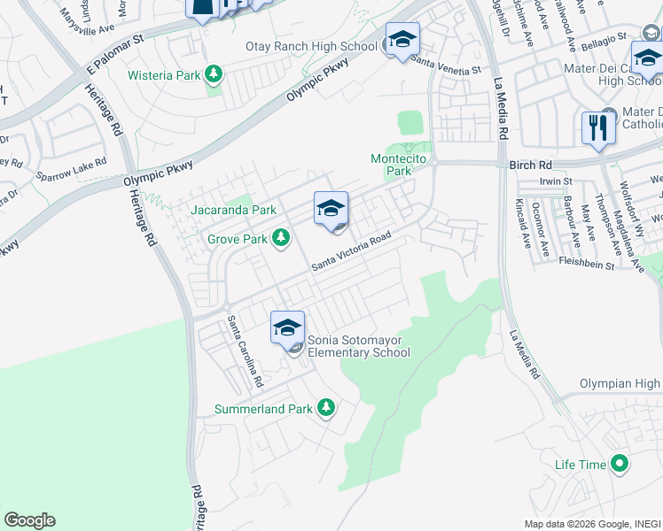 map of restaurants, bars, coffee shops, grocery stores, and more near 1370 Santa Victoria Road in Chula Vista