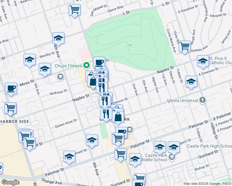 map of restaurants, bars, coffee shops, grocery stores, and more near 1130 Del Mar Avenue in Chula Vista