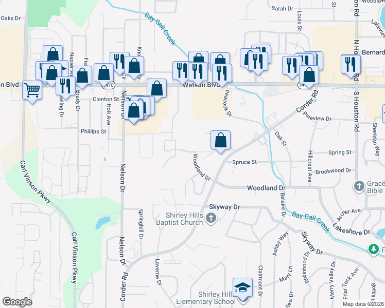 map of restaurants, bars, coffee shops, grocery stores, and more near 442 Woodland Drive in Warner Robins