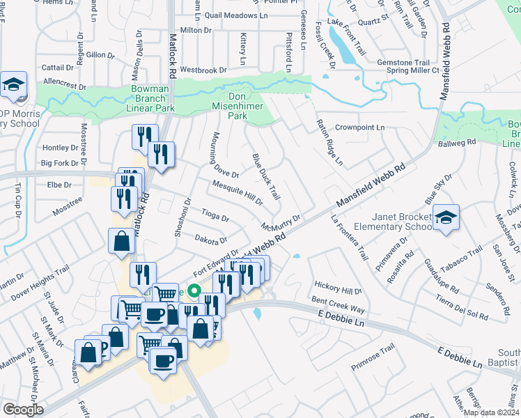 map of restaurants, bars, coffee shops, grocery stores, and more near 350 Mesquite Hill Drive in Arlington