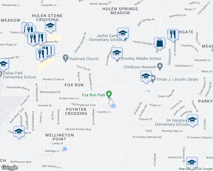 map of restaurants, bars, coffee shops, grocery stores, and more near 8758 Fox Meadow Way in Fort Worth