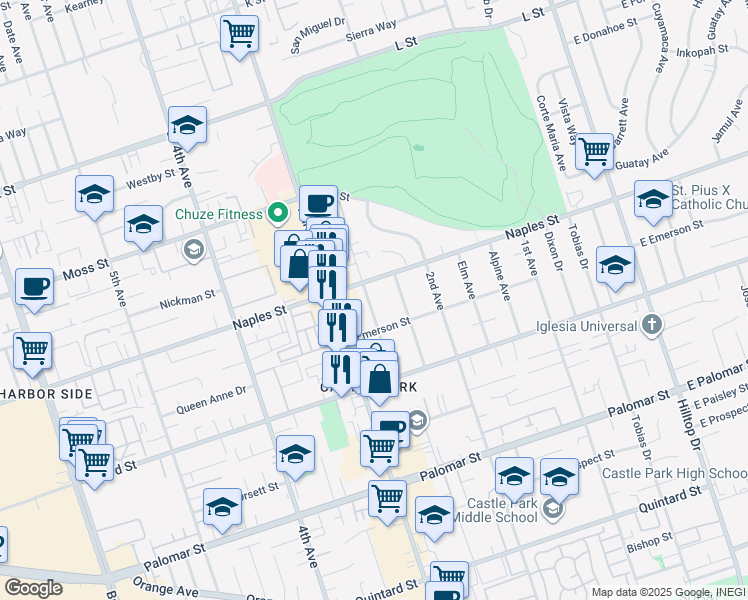 map of restaurants, bars, coffee shops, grocery stores, and more near 1130 Del Mar Avenue in Chula Vista