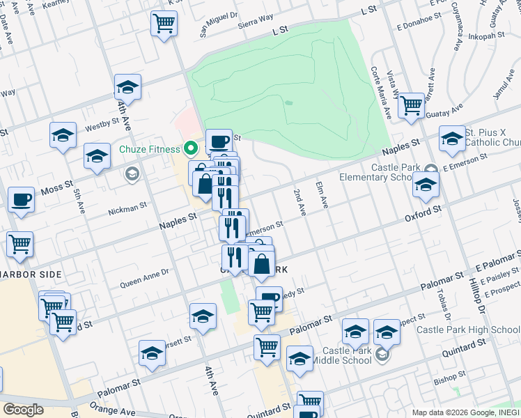 map of restaurants, bars, coffee shops, grocery stores, and more near 1130 Del Mar Avenue in Chula Vista
