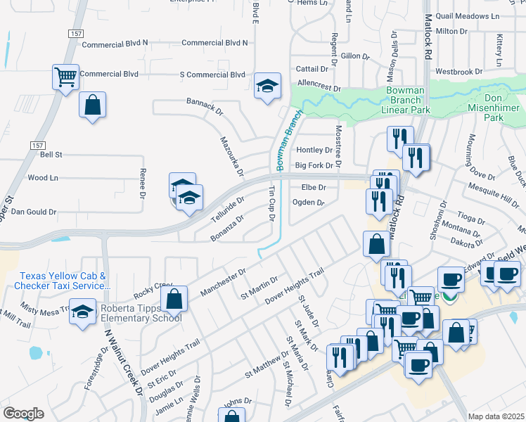 map of restaurants, bars, coffee shops, grocery stores, and more near 8126 Tin Cup Drive in Arlington