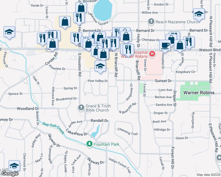 map of restaurants, bars, coffee shops, grocery stores, and more near 204 Pine Valley Drive in Warner Robins