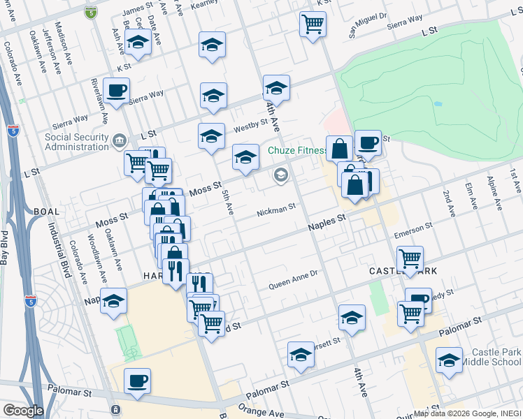map of restaurants, bars, coffee shops, grocery stores, and more near 467 Nickman Street in Chula Vista