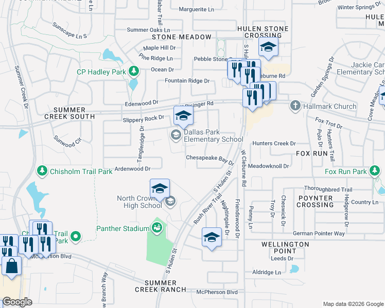 map of restaurants, bars, coffee shops, grocery stores, and more near 8800 Viridian Lane in Fort Worth