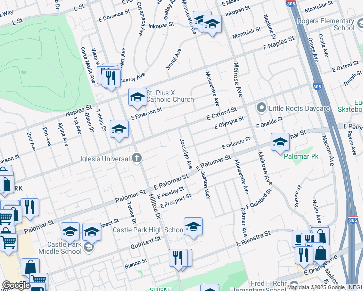 map of restaurants, bars, coffee shops, grocery stores, and more near 1250 Josselyn Avenue in Chula Vista
