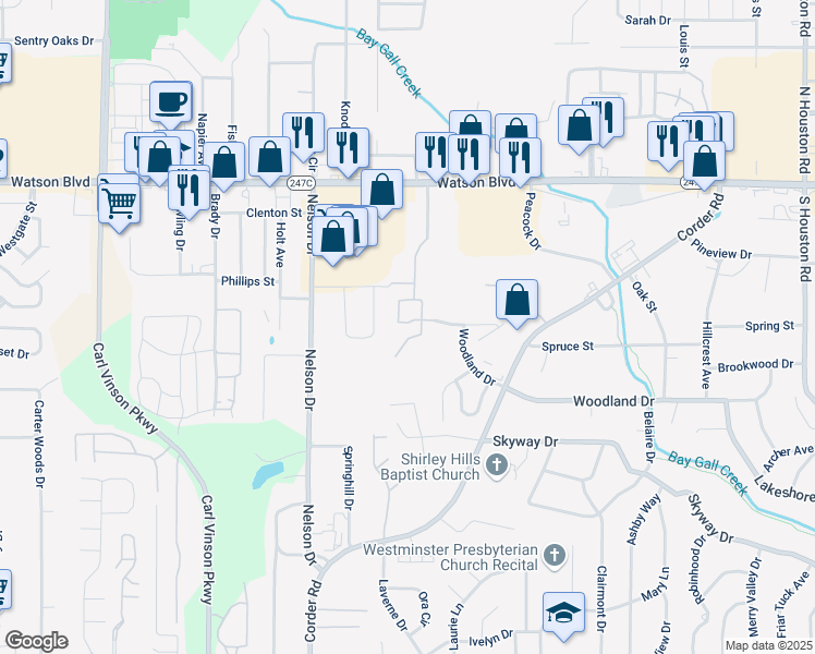 map of restaurants, bars, coffee shops, grocery stores, and more near 301 Millside Drive in Warner Robins